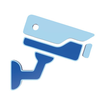 3D blue icon of a security surveillance camera mounted on a wall bracket, representing monitoring, safety, and protection on a dark background isolated on a transparent background