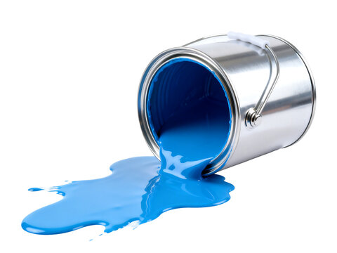 [Transparent Background PNG]Blue Paint Spilling from Metal Can on White Background