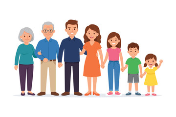 Fototapeta premium Happy Multigenerational Family Standing Together – Grandparents, Parents and Children Family Unity Illustration