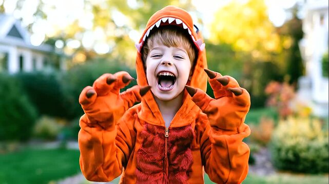 Close-up of an excited child dressed as an orange T rex with a large dinosaur head hood and padded claw hands, smiling widely and pretending to roar sunny residential yard, Halloween