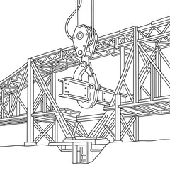Naklejka premium Industrial Bridge Construction Line Art with Crane and Steel Beam