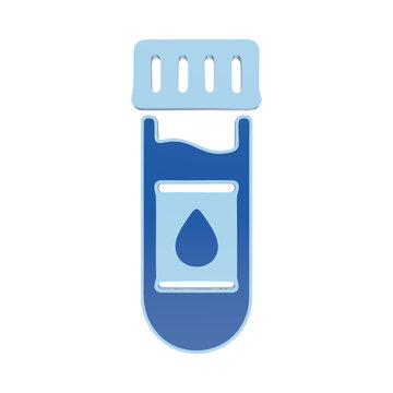 3D icon of a laboratory test tube with a cap and a liquid sample containing a drop symbol, rendered in shades of blue on a white background isolated on a transparent background