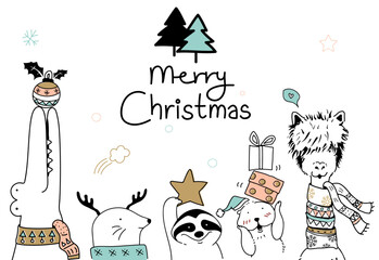 Fototapeta premium Hand drawn animals wishing a Merry Christmas