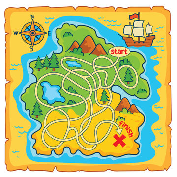 Treasure map maze for kids. Trace the correct path from start to the finish. Pirate island with ship, compass and landmarks. Fun printable logic worksheet for attention and problem solving.