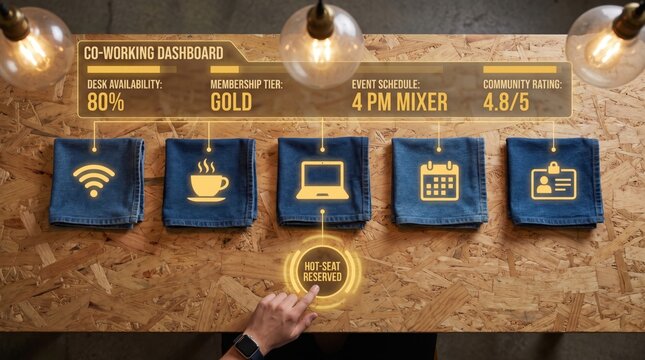 Hand interacting with co-working space icons of wifi, coffee, laptop, calendar and id badge on denim fabric squares with a golden holographic desk availability and membership dashboard