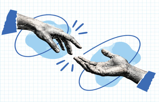 Hands reaching toward each other in a handshake, retro halftone hands cut from vintage newspaper, string-tied body parts, shaking hands, business agreement, deal making, mutual support, assistance