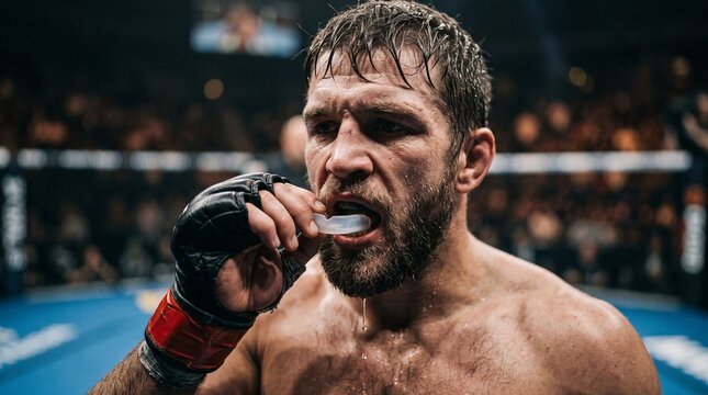 Close up of a determined male fighter with a mouthguard in his mouth during a combat sports match