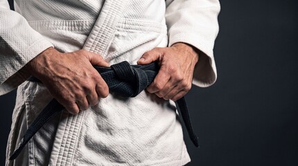 Fototapeta premium Close up of a martial artist's hands tying a black belt around their traditional uniform against a dark background
