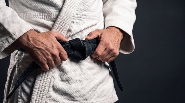 Close up of a martial artist's hands tying a black belt around their traditional uniform against a dark background