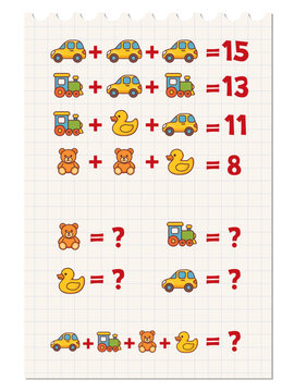 Fun math puzzle for kids with toys. Cute educational worksheet with teddy bear, duck, train, and car. Perfect activity for learning numbers and simple equations.