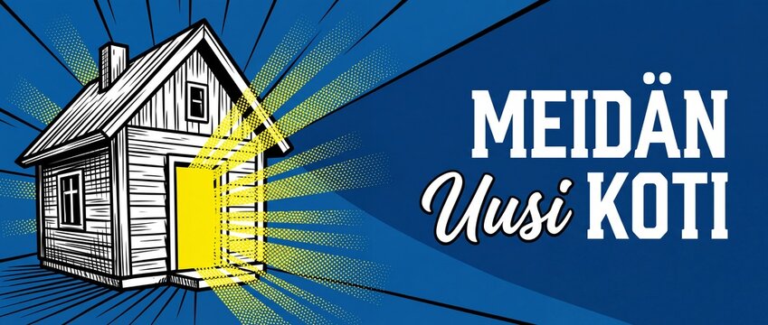 Finnish new home house illustration with woodcut cabin and glowing light door on blue background banner, comic retro pop art design for moving and real estate concept reading Meid&auml;n Uusi Koti template