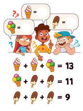 Math riddle for kids. Solve ice-cream equations and complete the sums. Fun, colorful worksheet with cartoon children. Perfect for early learning, classroom use, or homeschool.