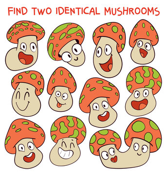 Cute cartoon mushrooms with funny faces. Educational kids puzzle. Find two identical mushrooms. Playful vector illustration for children games and learning activities. Isolated on white. Spot it