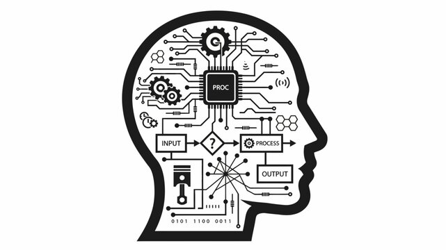 Conceptual illustration of artificial intelligence and machine learning within a human head outline, symbolizing cognitive processing and data analysis