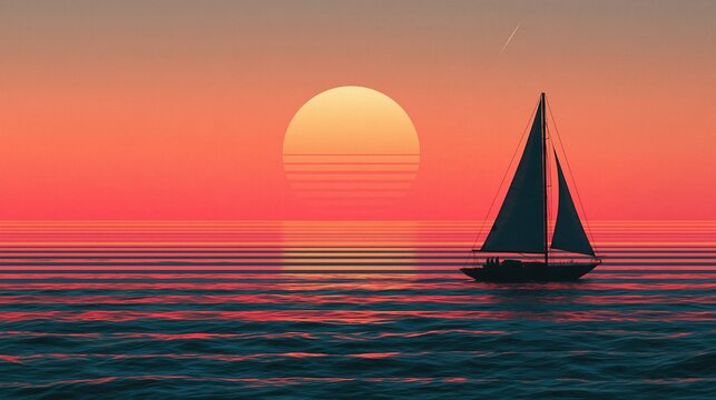 Silhouette of a sailing yacht gliding across calm ocean waters at sunset, vibrant orange red sky, golden sun with retro stripes, romantic Mediterranean voyage