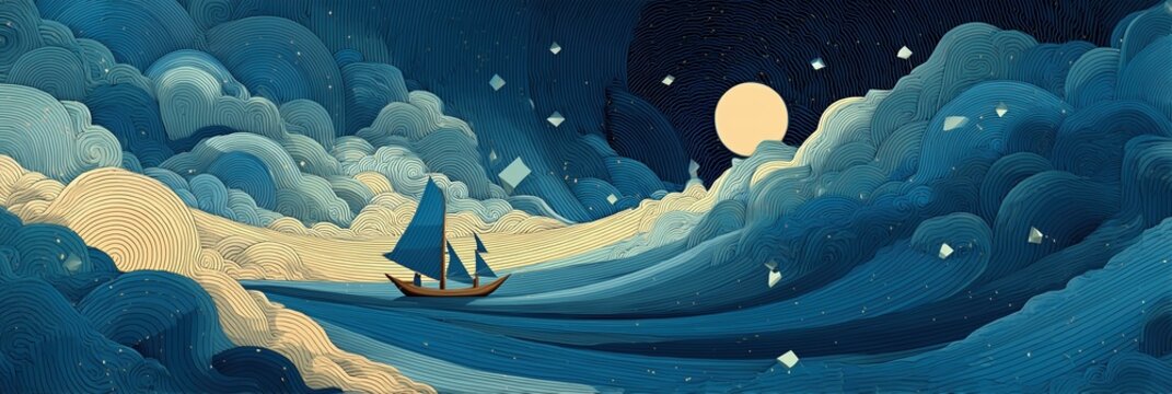 Stylized illustration of a small wooden sailing vessel crossing moonlit ocean waves, dark blue night sky, golden rolling clouds, mythological maritime voyage
