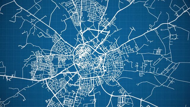 Ink reveal animation of &Eacute;vora city (officially the Very Noble and Ever Loyal City of &Eacute;vora), Portugal, grid map. Aerial top view. Blueprint style. White lines with blue background. 4K Seamless loop.