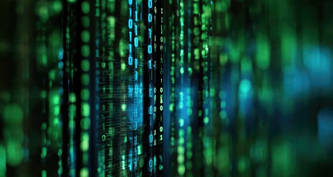 Digital rain of blue and green binary code flows downward