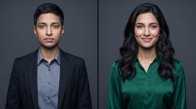 Split screen identity transformation with masculine and feminine figures