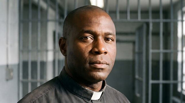 Black prison chaplain standing inside jail facility with bars