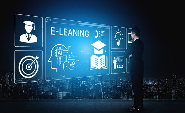 Professional Man Engaged in E-Learning Concepts with Digital Interface Illustrating Modern Education Technologies and Strategies. Bitwise.