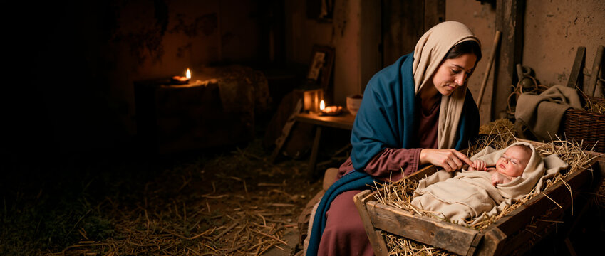 Biblical nativity scene of Mary touching the hand of sleeping baby Jesus in a wooden manger. Wide banner with dark rustic stable background and hay. Copy space for text