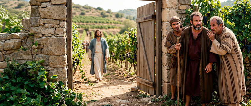 Biblical tenant farmers watching the beloved son approach the vineyard gate. Parable of the wicked husbandmen scene in ancient Israel
