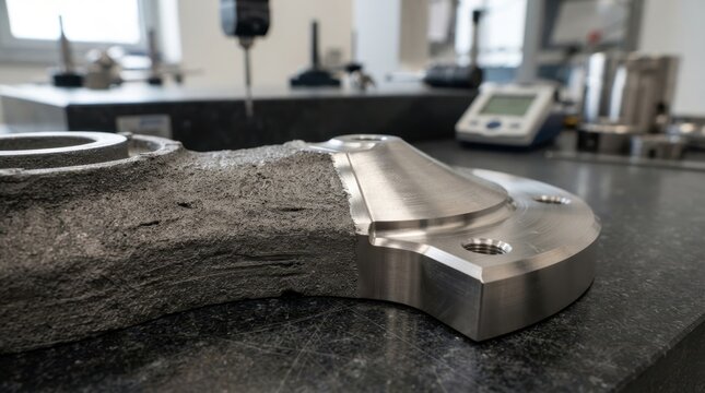 finished steel part showing rough additive texture, machined flange, and visible tool marks in a precision metrology lab