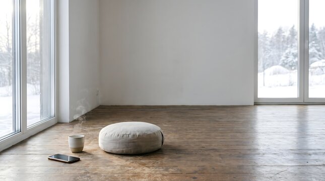 Round meditation cushion smartphone and steaming cup on rustic wooden floor in bright room