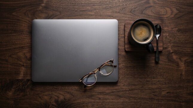 Modern laptop with coffee and glasses on a dark wooden desk, perfect for Black Friday promotions and online shopping