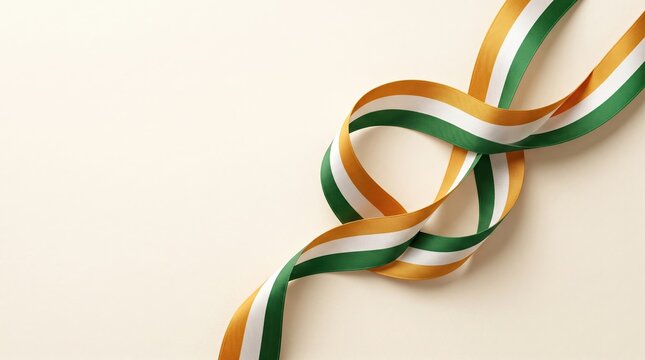 Intertwined Ireland flag ribbons on beige background for St. Patricks Day celebrations and Irish heritage designs