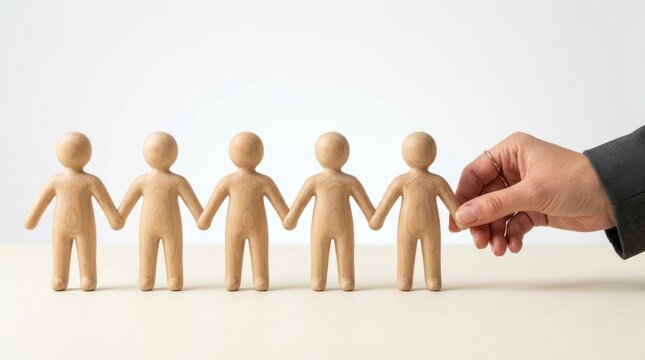 Wooden figures holding hands with person touching them against white background