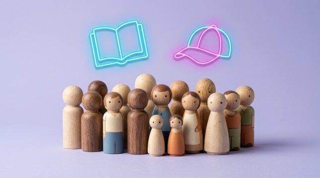 Wooden peg figures standing under neon book and cap icons on a purple background