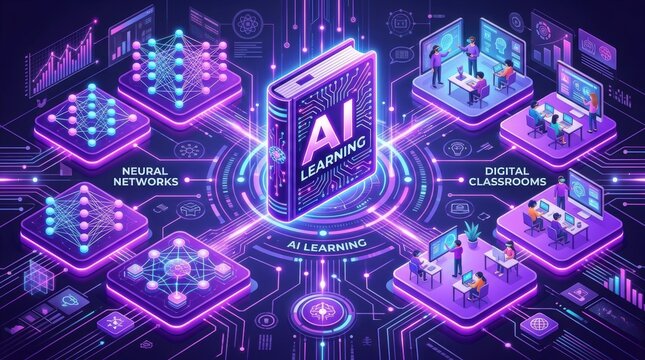 Artificial intelligence learning book with glowing neon circuits and digital classrooms on purple background