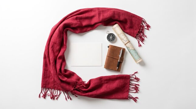 Travel accessories on white background, red scarf, compass, map, notebook, pen, planning a journey