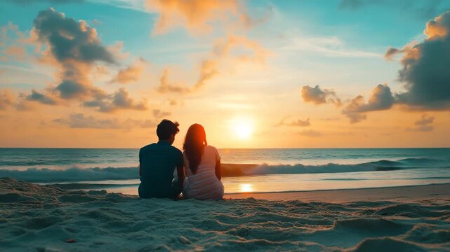 Lovers couple sitting on a beach at sunset
