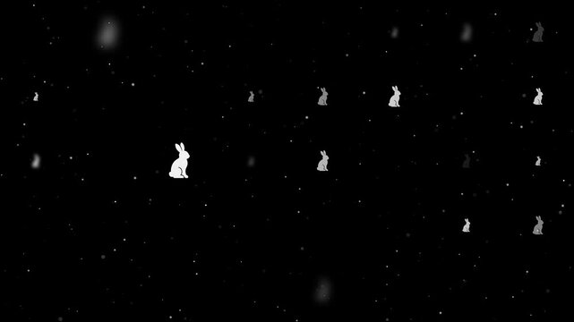 Template animation of evenly spaced rabbit symbols of different sizes and opacity. Animation of transparency and size. Seamless looped 4k animation on black background with stars