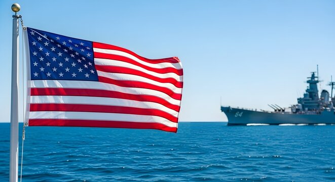 American flag waving at sea with US navy warship sailing in background under clear blue sky.