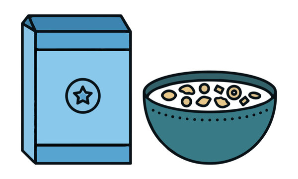 Minimalist icon of a cereal box and a bowl of breakfast cereal with clean lines and simple geometry on a white background, breakfast food concept