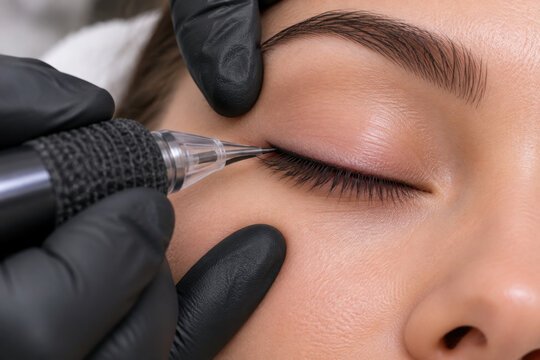 Close-up of professional lash line permanent makeup creating a defined and expressive eyelash contour.