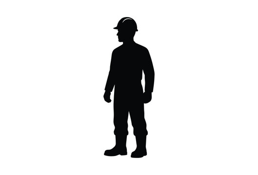 Construction worker wearing helmet and uniform is depicted as a black silhouette builder craftsman laborer