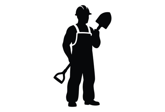 Construction worker holding a shovel is depicted in a black silhouette builder laborer workman craftsman