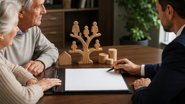 Investment planning session with older couple and financial advisor discussing family inheritance at home