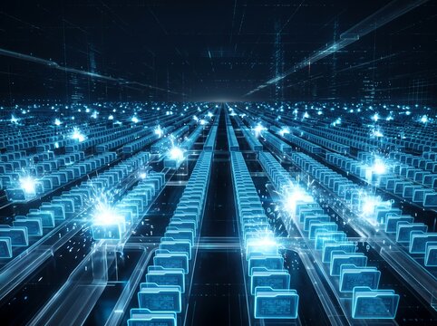 Massive digital data storage systems representing complex information processing networks with glowing blue folders arranged in endless rows to signify advanced cloud computing and global