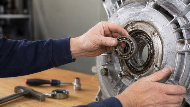 Washing machine dishwasher repair with technician inspecting worn bearing and metal housing during appliance maintenance in workshop