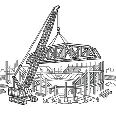 Fototapeta premium Construction Site Coloring Page with Crane Lifting Stadium Steel Truss