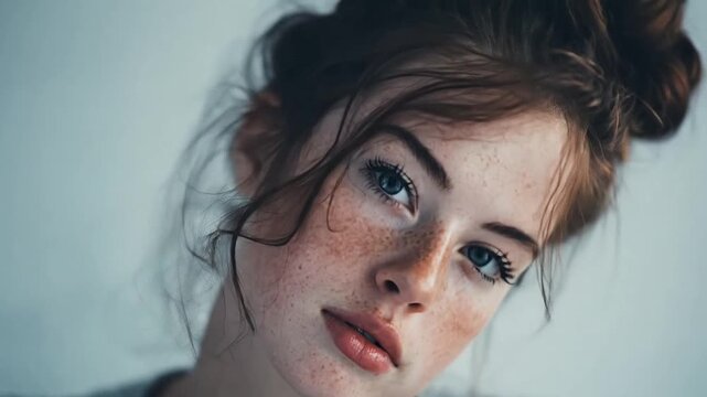 Close up portrait of freckled woman with blue eyes.