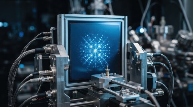 Detectors and goniometer capturing a diffraction pattern from a tiny crystal in a scientific laboratory setup.
