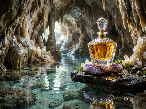 Luxury perfume bottle in north america crystal cavern with stalactites and cave water.