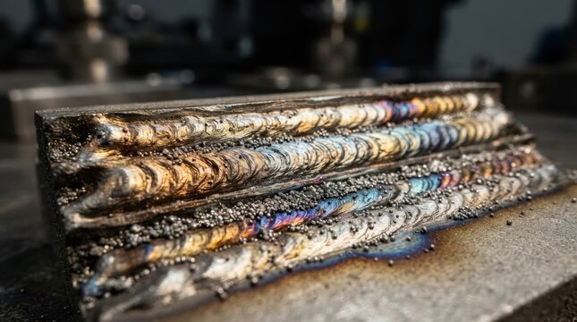 Macro view of layered metal deposits, rippled weld beads, heat tint, and fused powder grains on a stainless sample.